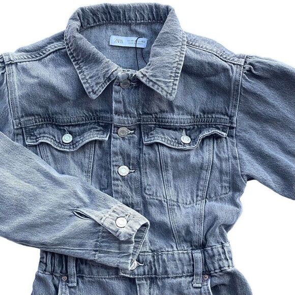 ZARA Jumpsuit Youth 11-12 Grey Denim Long Sleeve Retro‎ Button Up - Picture 1 of 12